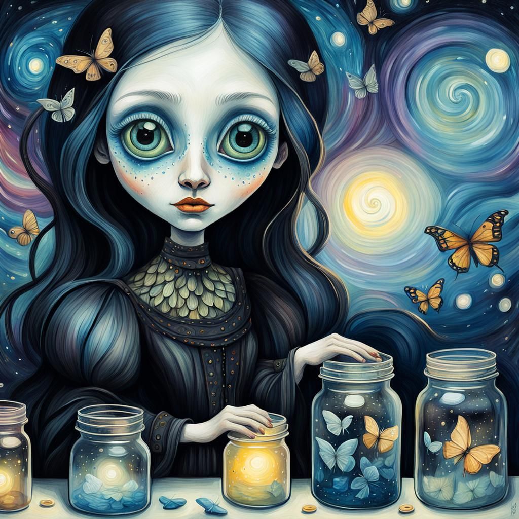 Gothic Creature with Jars: A Naive Art Illustration
