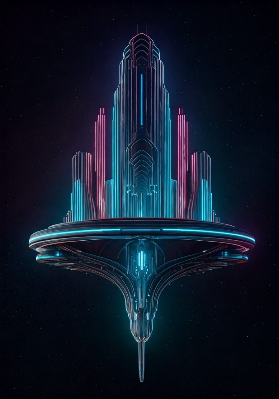 Luxurious Art Deco Space Station in Neon Lights