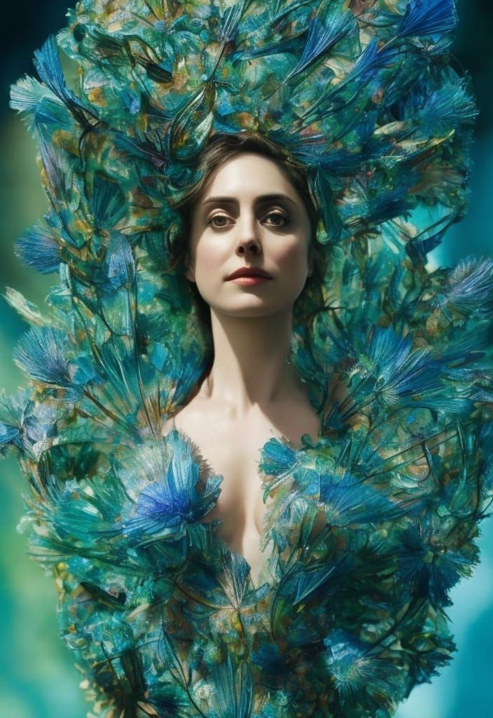 Peacock Goddess in Silk Dress: Hyperdetailed Digital Art