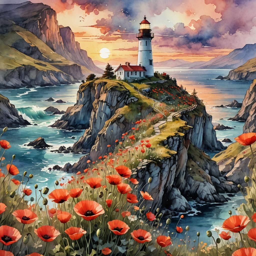 Poppies and Lighthouse in Digital Watercolor