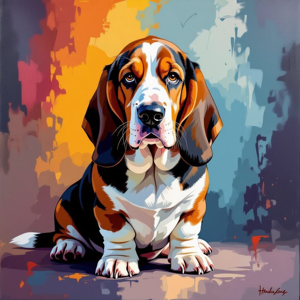 Basset Hound Portrait in Vibrant Palette Knife Style