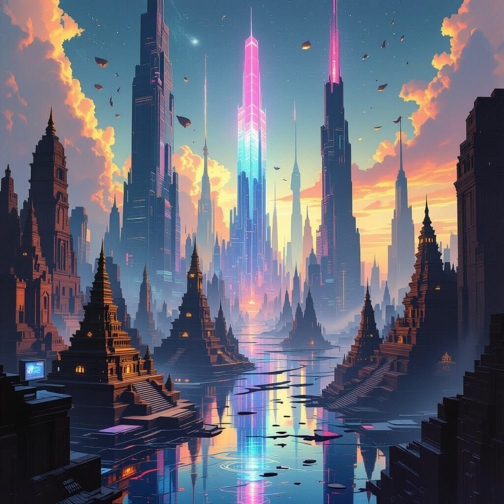 Surreal Interdimensional Cityscape with Warped Gravity