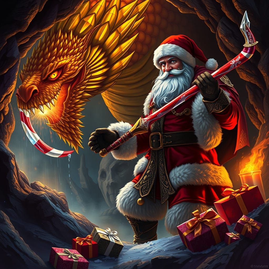 Majestic Santa Claus Battles Dragon in Dark Cave