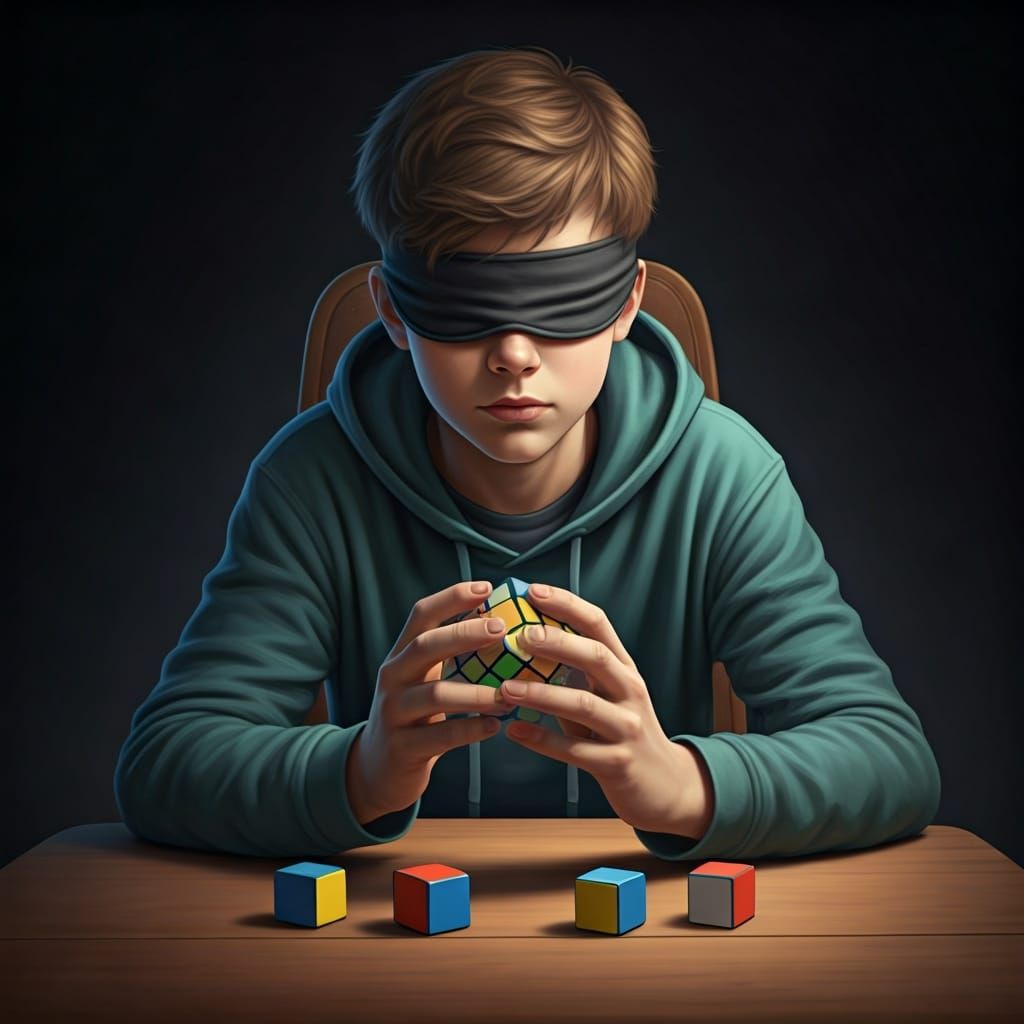 Blindfolded Teen Solving Rubik's Cube as Digital Art