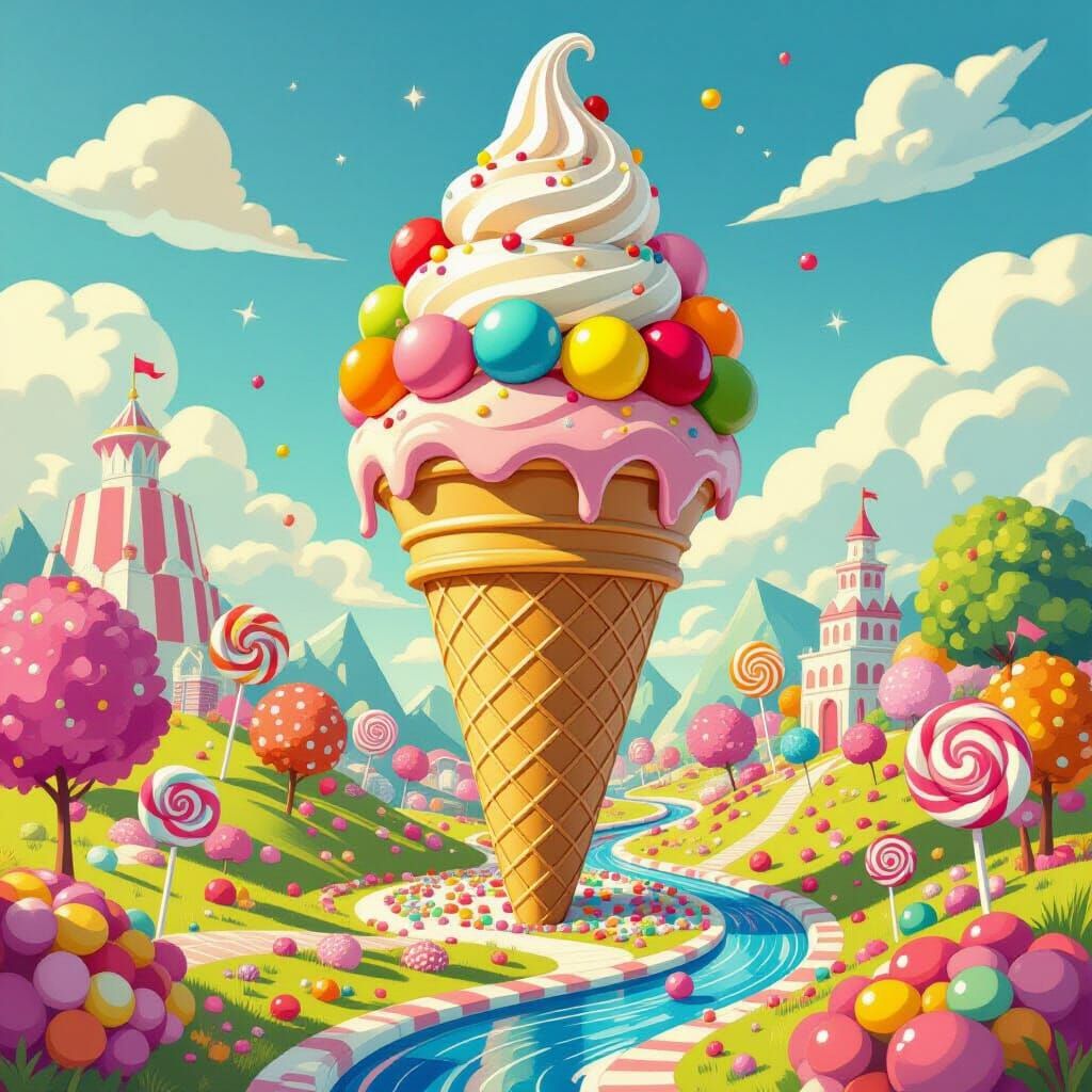 Giant Ice Cream Cone in Whimsical Candy Land