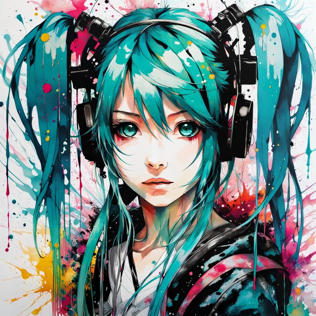 Hatsune Miku Ink Portrait with Anime Eyes