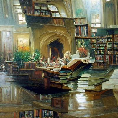 Grand Library Interior in Oil Painting Style