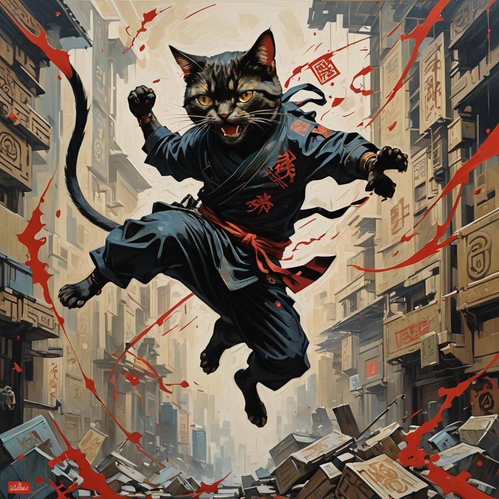 Ninja Cat in Dynamic Action, Modern Oil Painting