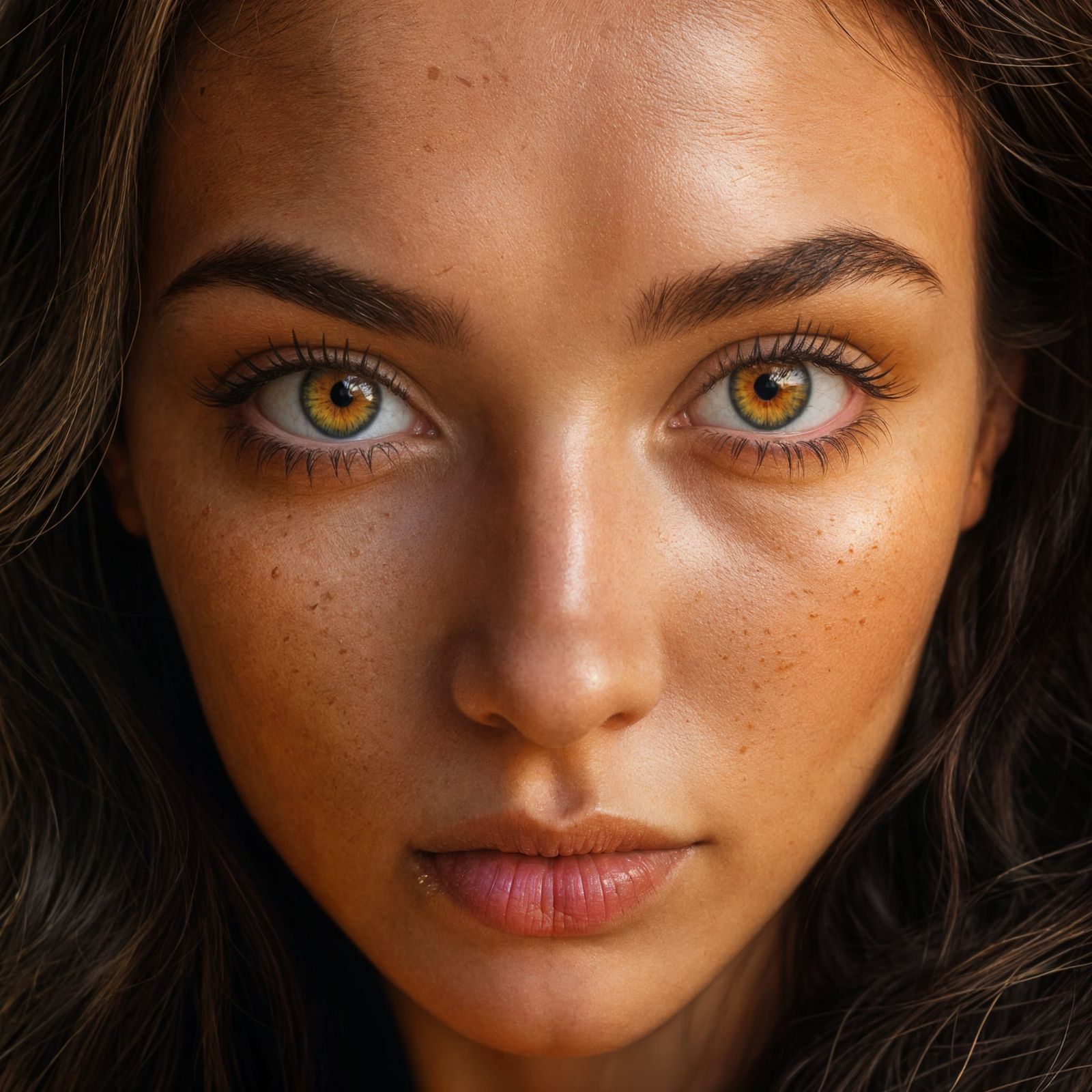 Hyperrealistic Portrait of a Woman with Golden Eyes