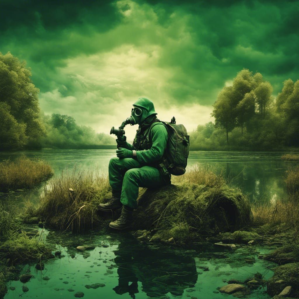 Polluted Lake Scene with Gas Mask, Expressive Style