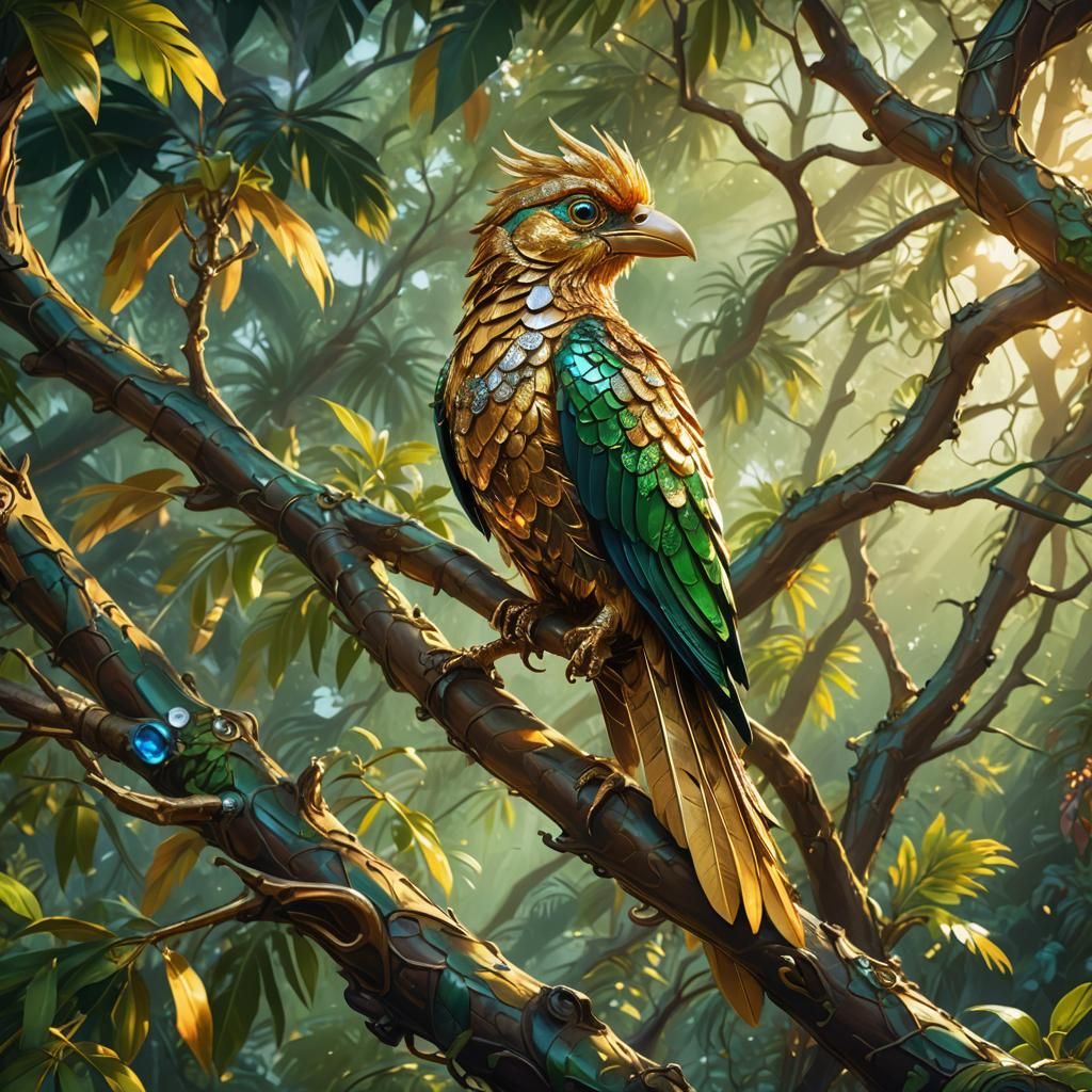 Mechanical Tropical Bird with Gold Feathers, Digital Art