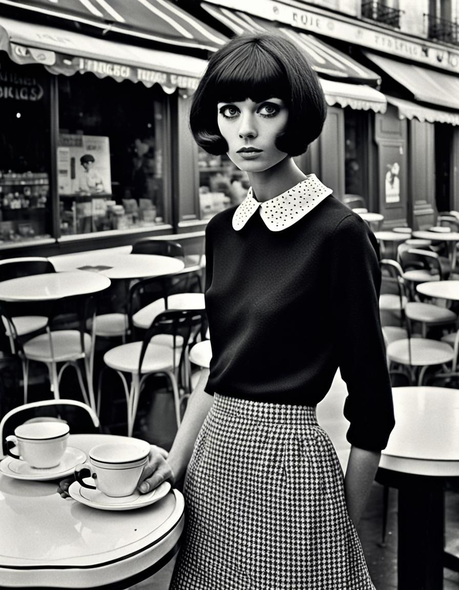 Vintage Mod Girl in Paris Cafe, 1960s Style