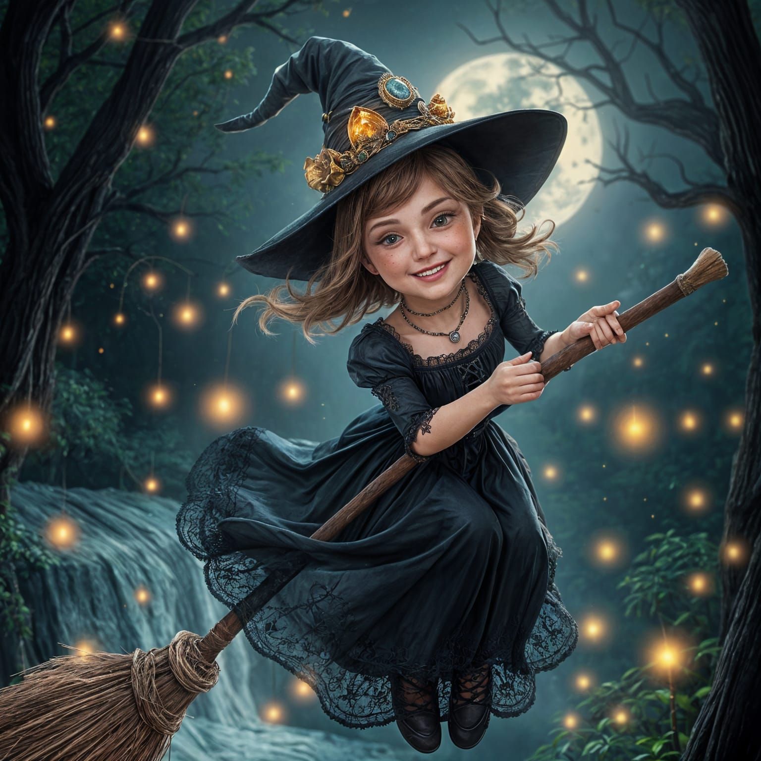 Magical Witch Soars Through a Vivid Autumn Landscape in Phot...