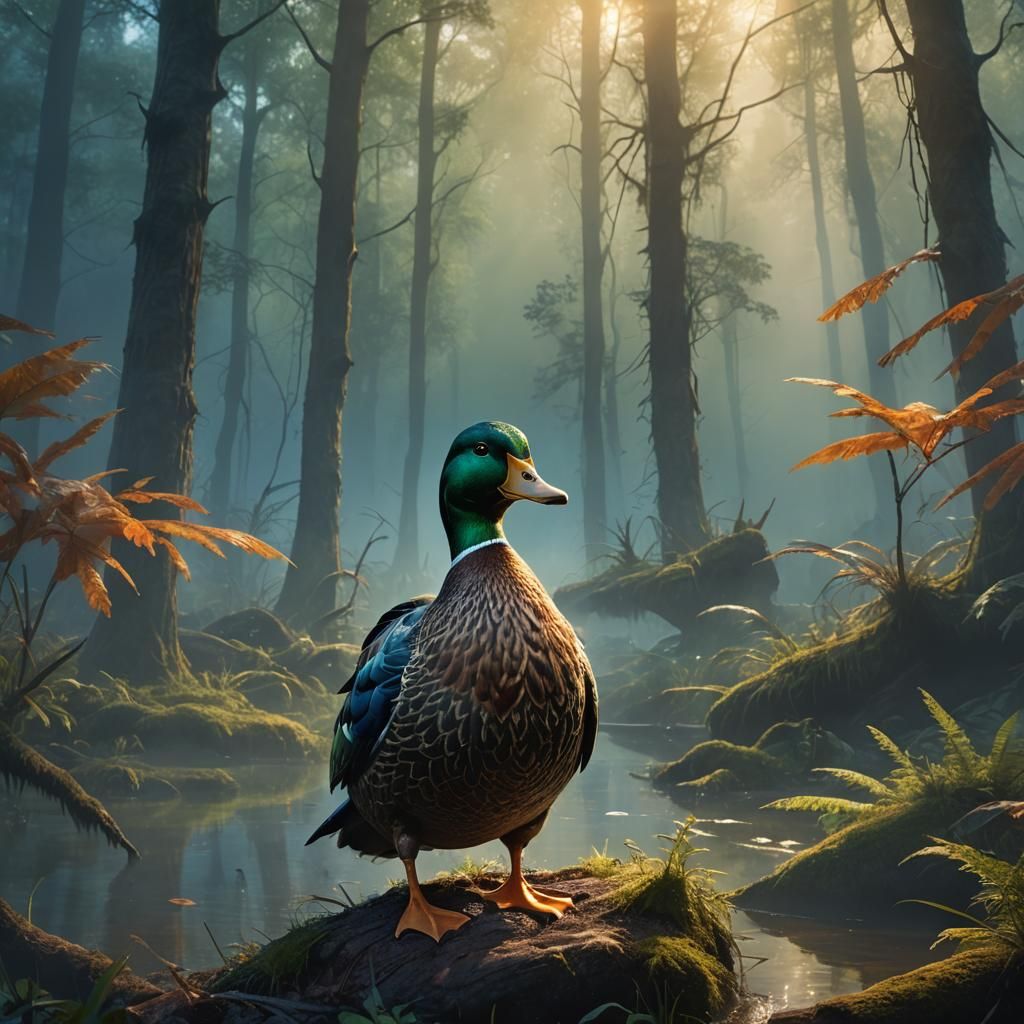 Tough Duck in Misty Forest: Fantasy Concept Art