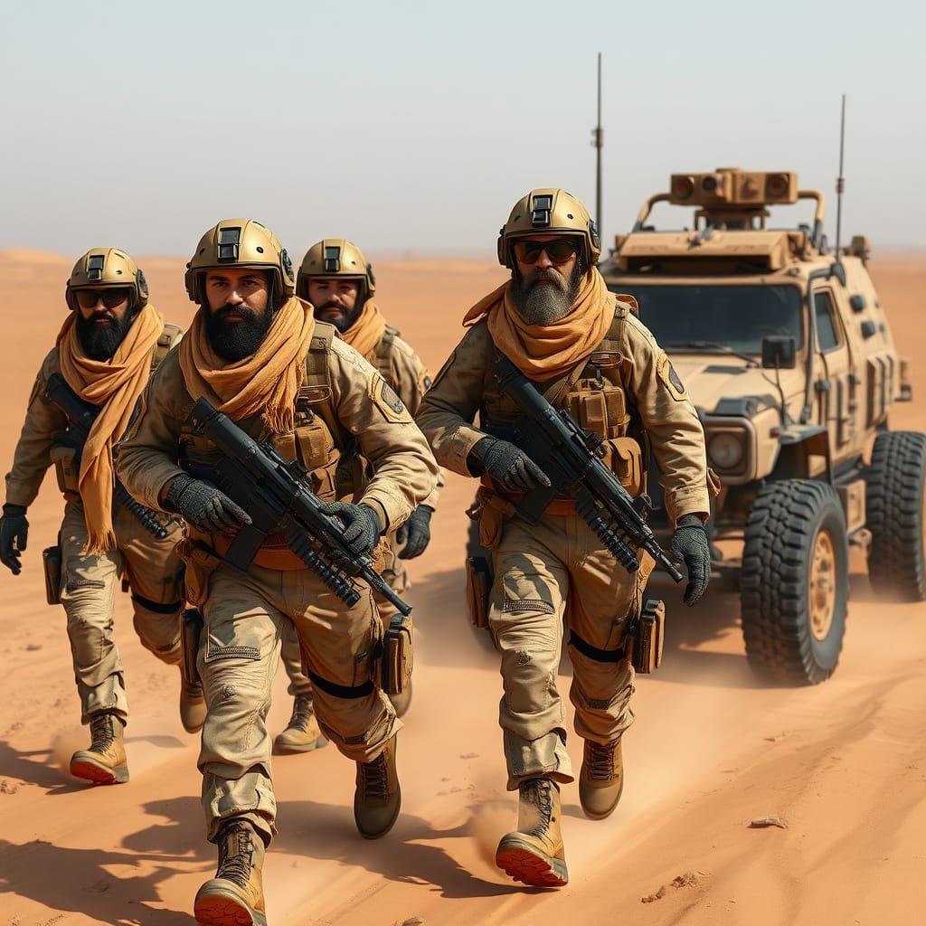 Soldiers in Hyper-Realistic Camouflage Gear Patrol the Deser...