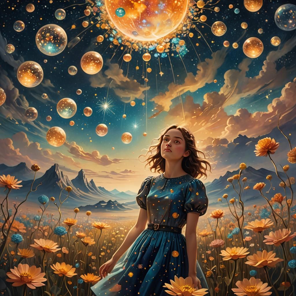 Surreal Starry Landscape with Glowing Orbs