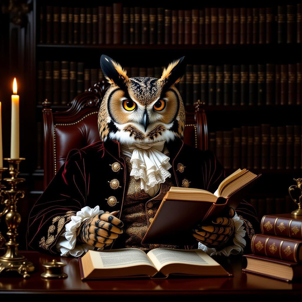 Baroque Owl Reading in Dimly Lit Library