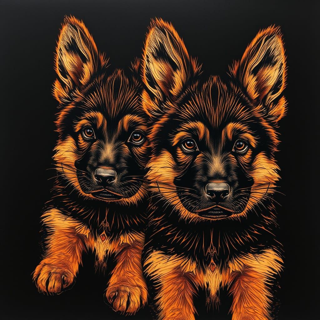 Copper Line German Shepherd Puppies in Intricate Scratch Art