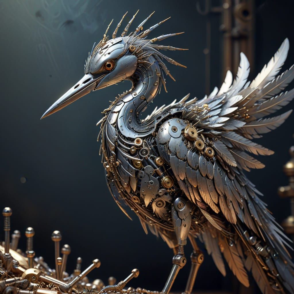 Heron Sculpture Made of Screws and Nails