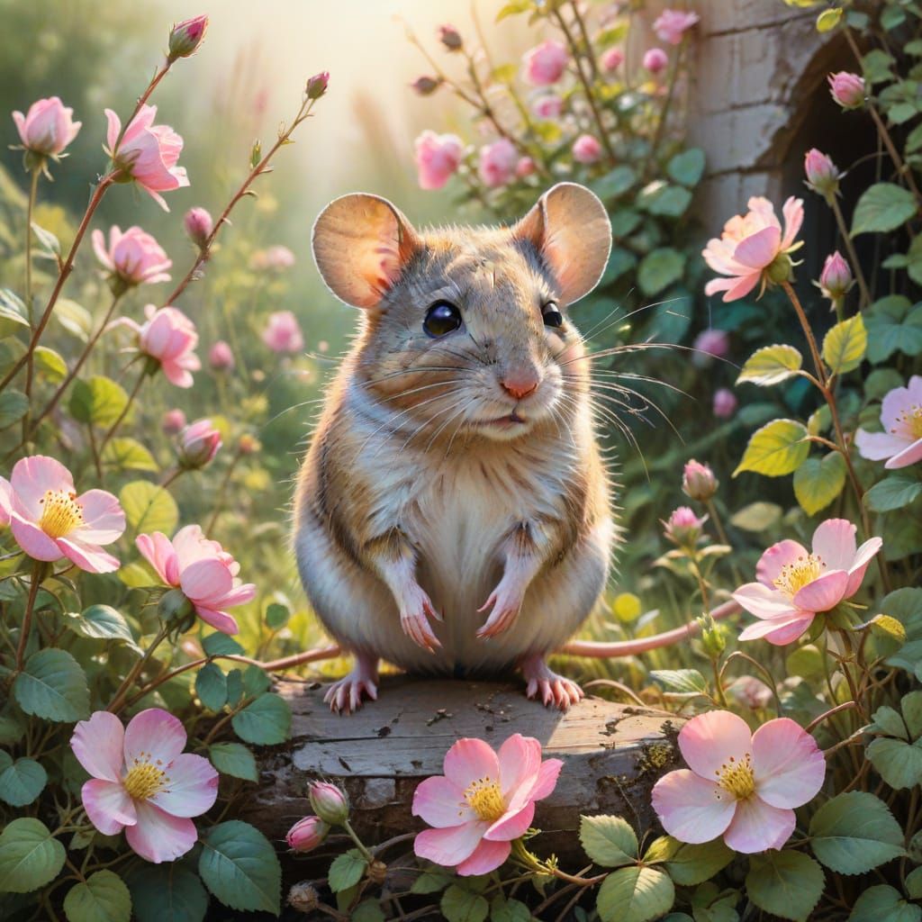 Watercolor Field Mouse with Wild Roses