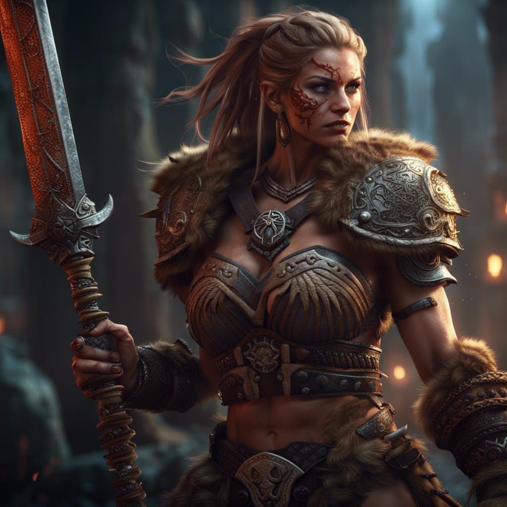 Barbarian Female Warrior with Sword, Fantasy Art
