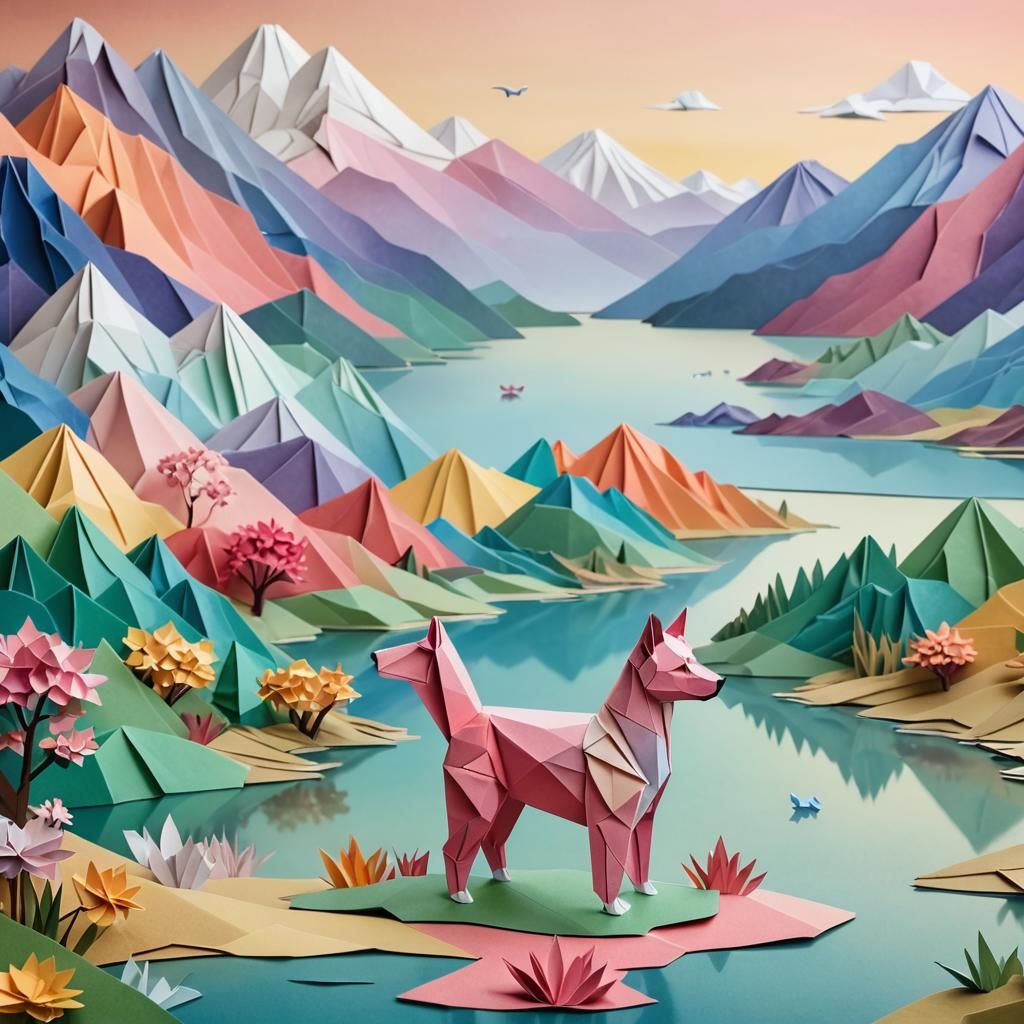 Origami Dog in Mountain Landscape