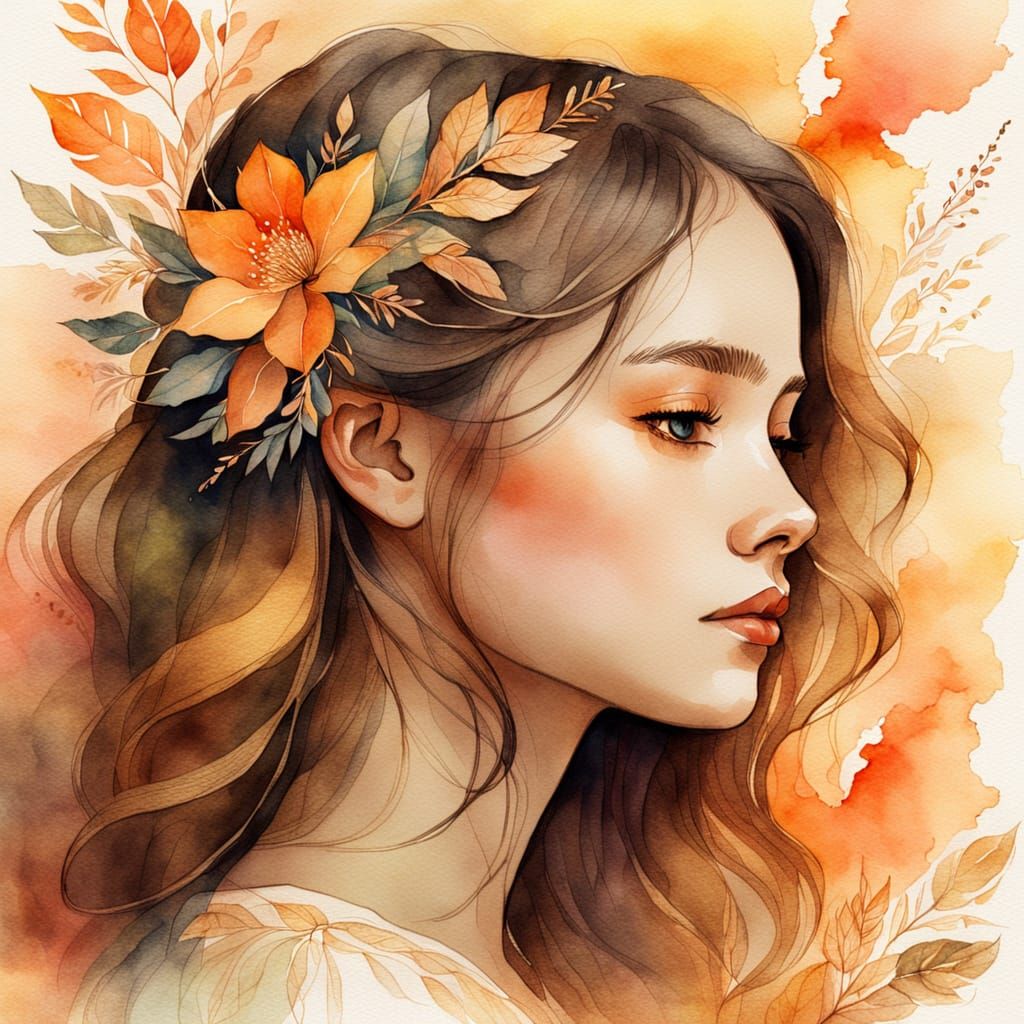 Botanical Watercolor Portrait of a Calm Young Girl