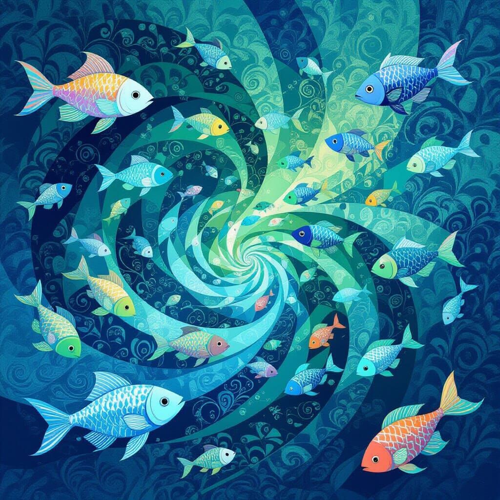 Abstract Vector Fish Swirl in Fractal Waves