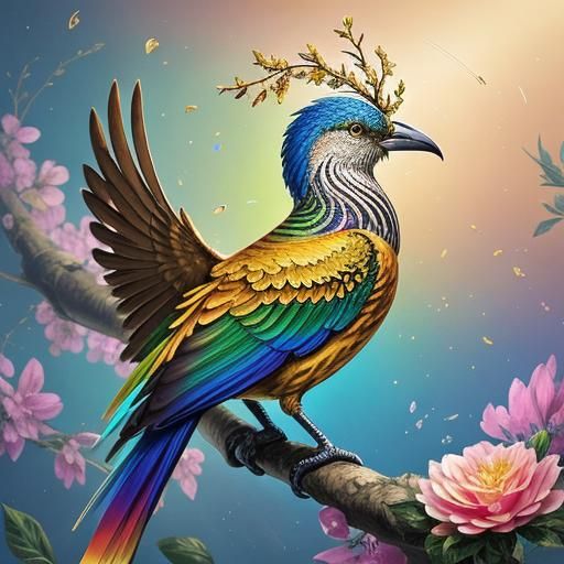 Rainbow Flowers and Magical Birds on Gold Branch