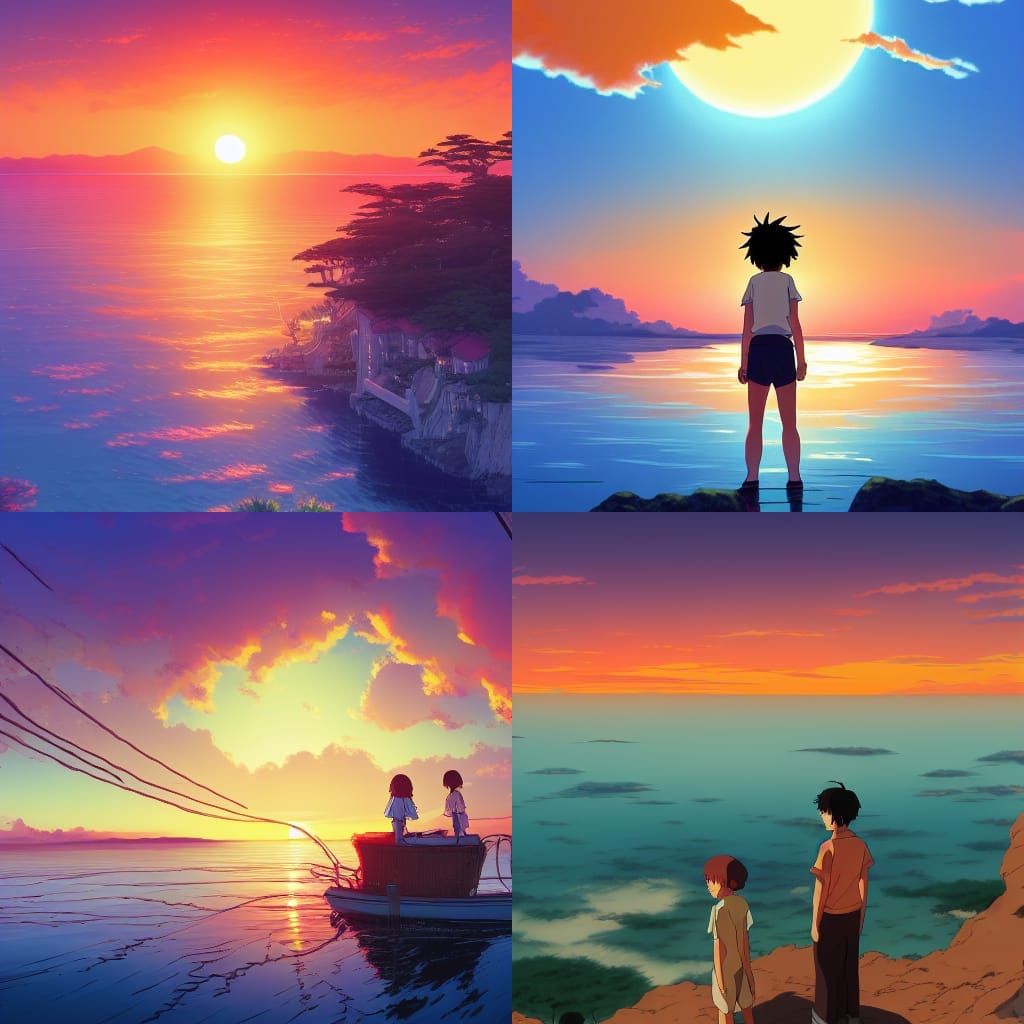 Anime Sunset Over Bay in Ghibli Style