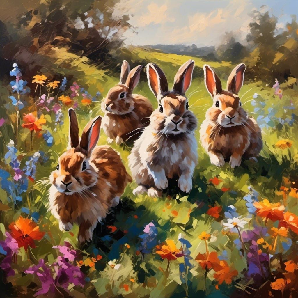 Excited Bunnies Hopping in Floral Field as Oil Painting