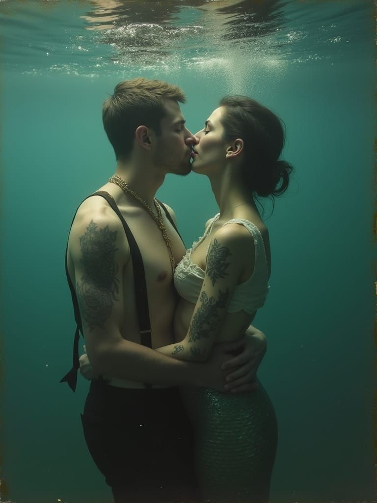 Man Kissing Mermaid in Victorian Photography Style