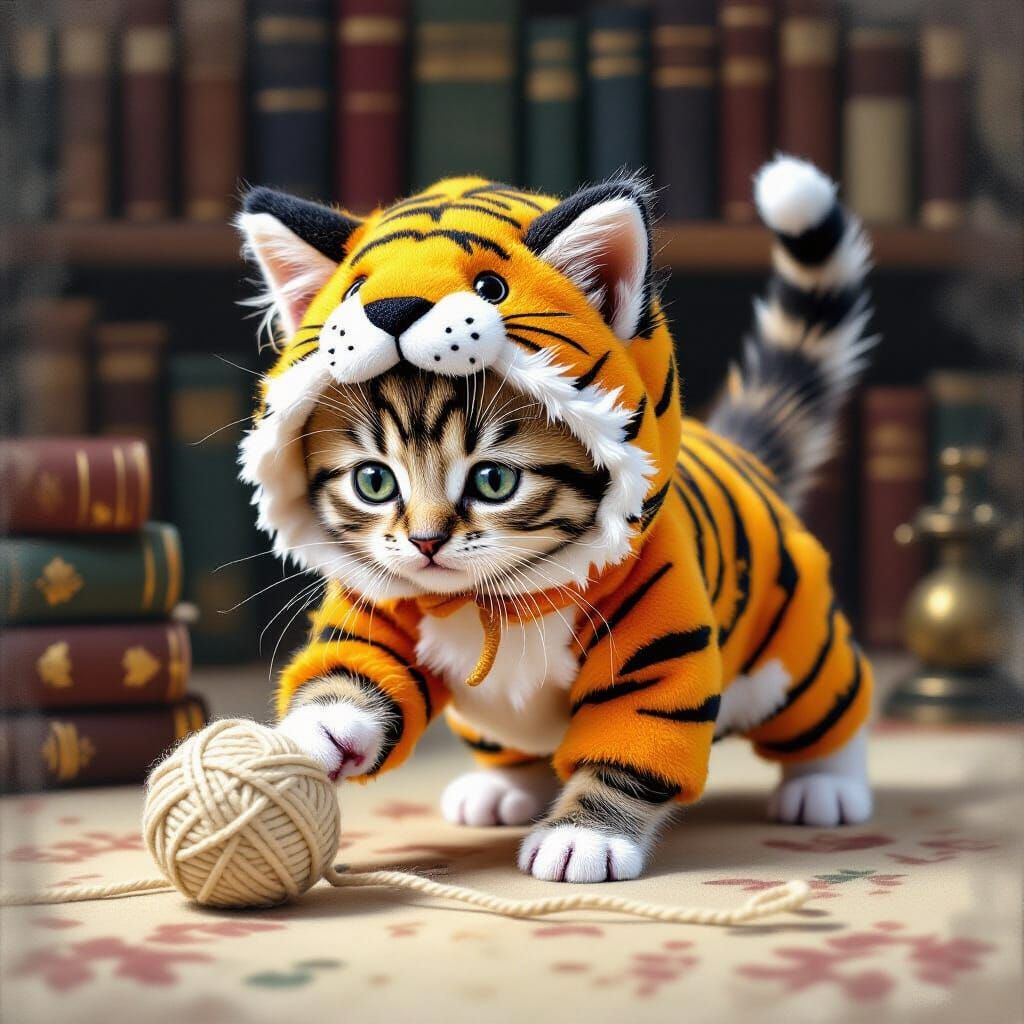 Kitten in Giant Tiger Costume Plays with Yarn