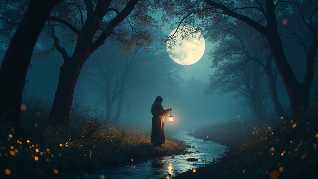 Ethereal Moonlit Grove with Glowing Lantern