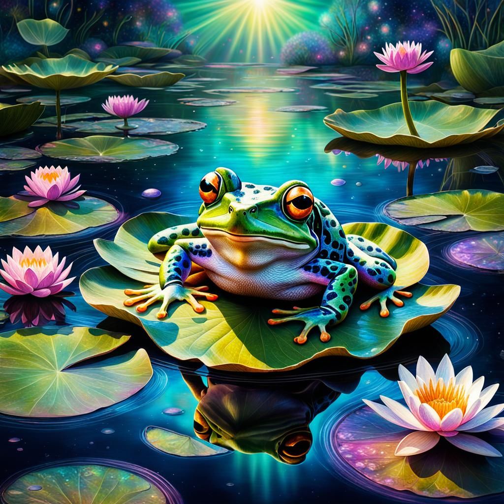 Dreamy Prince Frog with Water Lilies