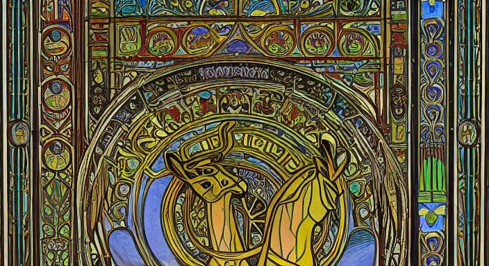 Art Nouveau Llama in Ancient Library