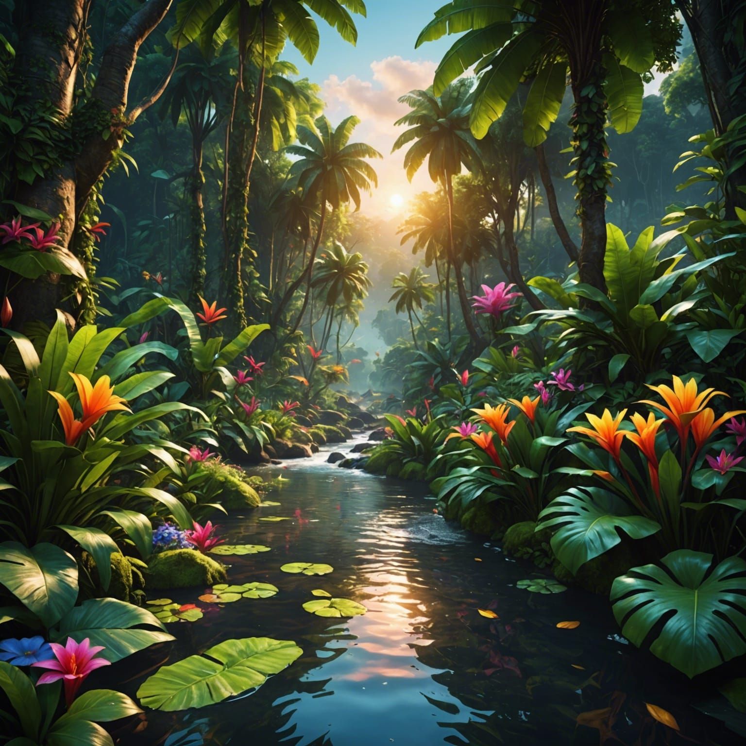 Lush Jungle Stream at Sunset in Photorealistic Style