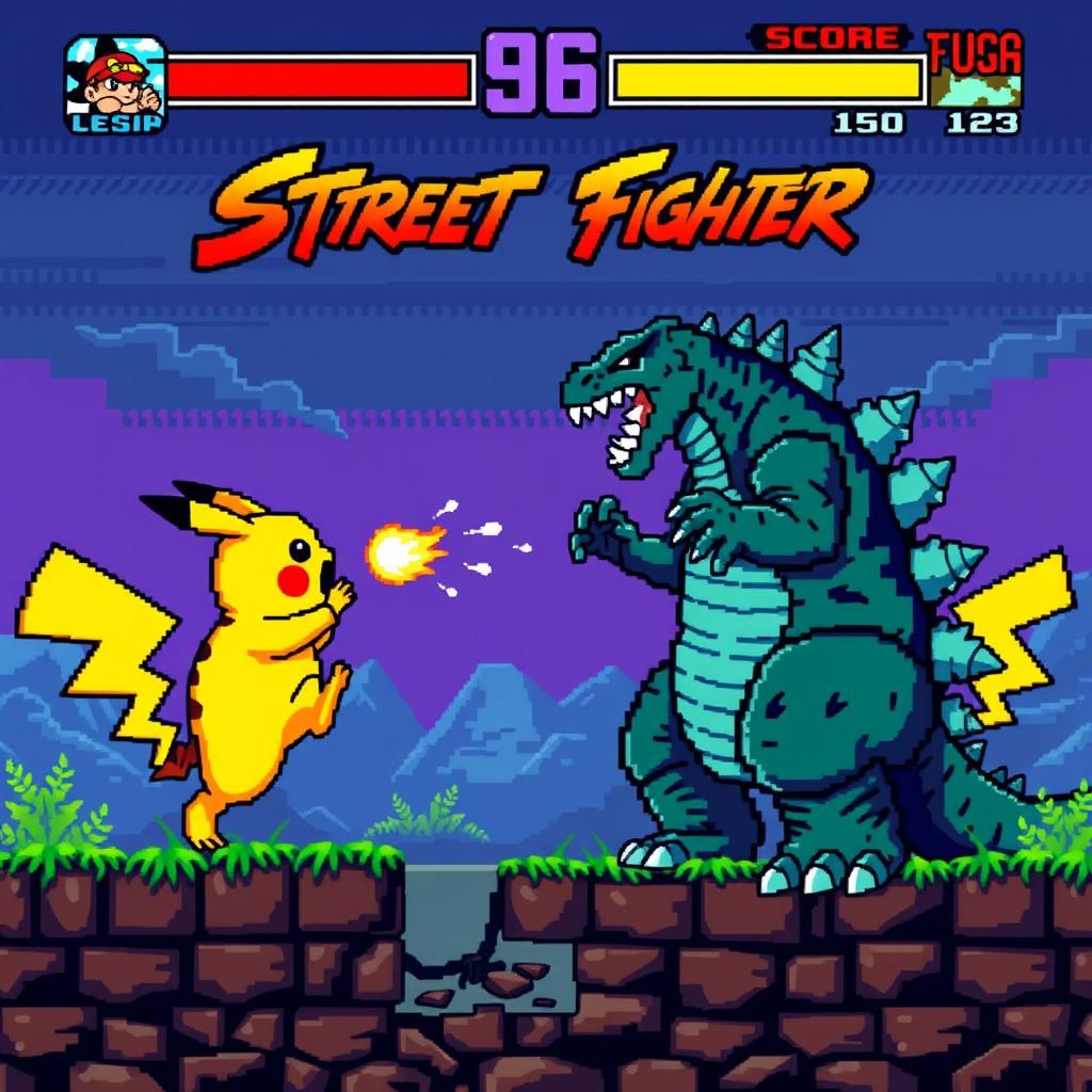 Godzilla Versus Pikachu in 8-Bit Pixel Art