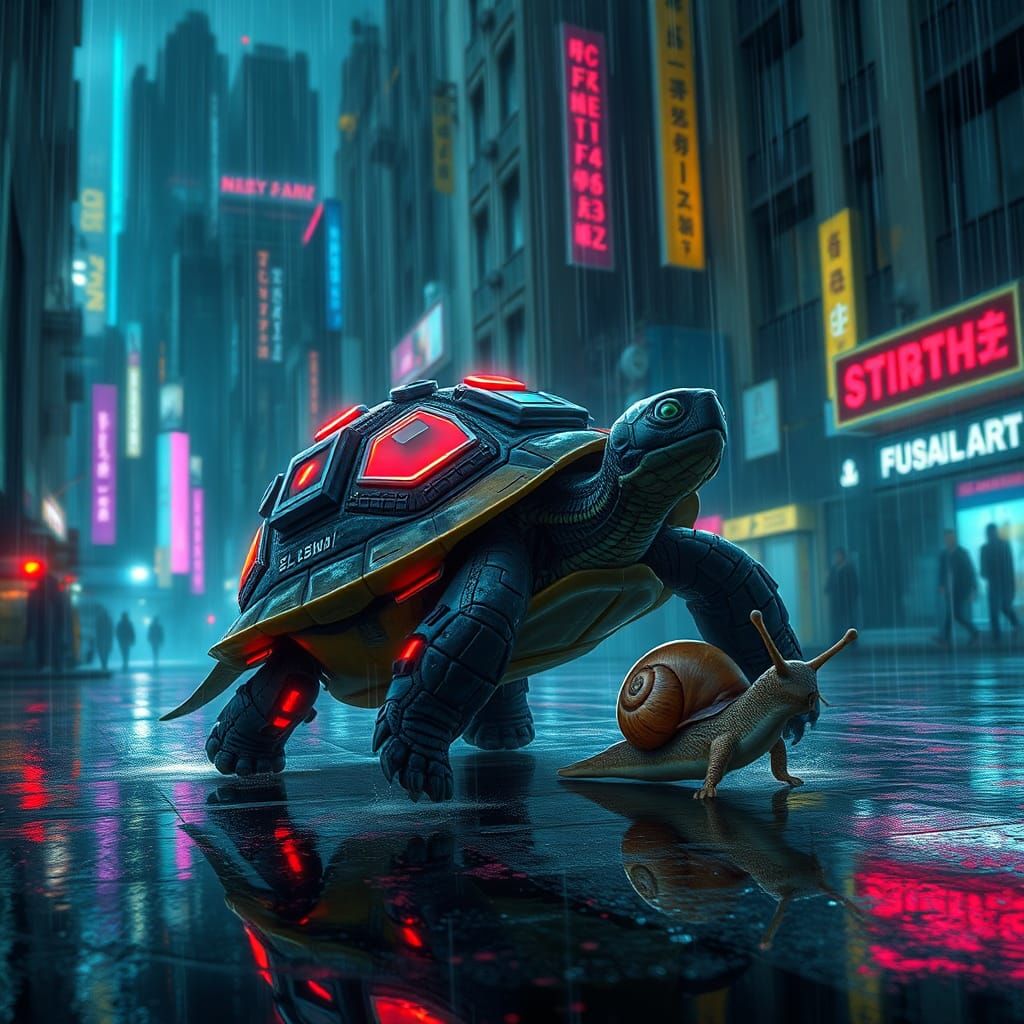 Cyberpunk Turtle and Snail in Dystopian Cityscape