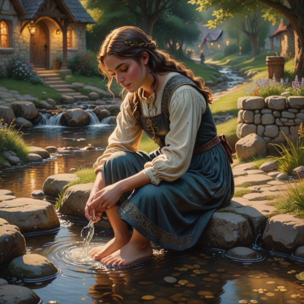 Medieval Girl Washing Feet in Stream, Idyllic Village Style