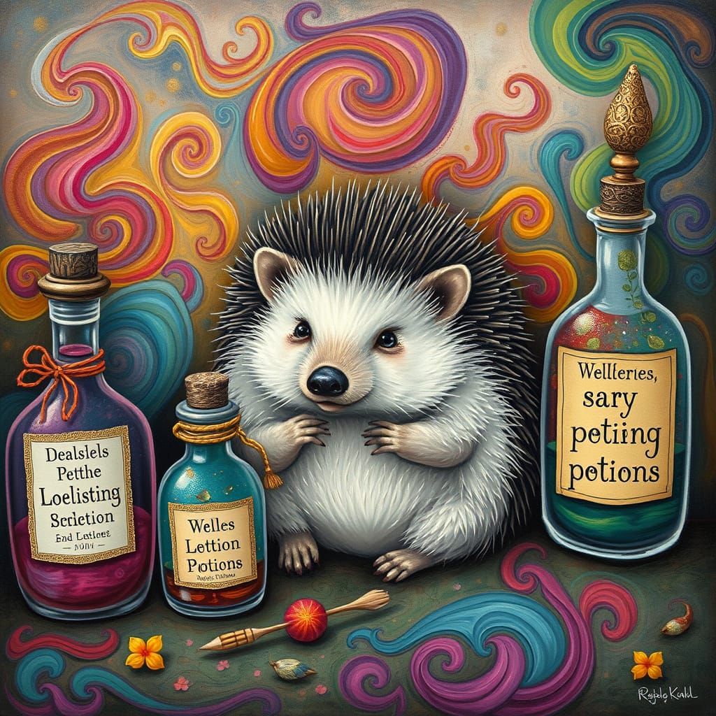 Fantastical Hedgehog Amidst Whimsical Potions in Dreamy, Sur...