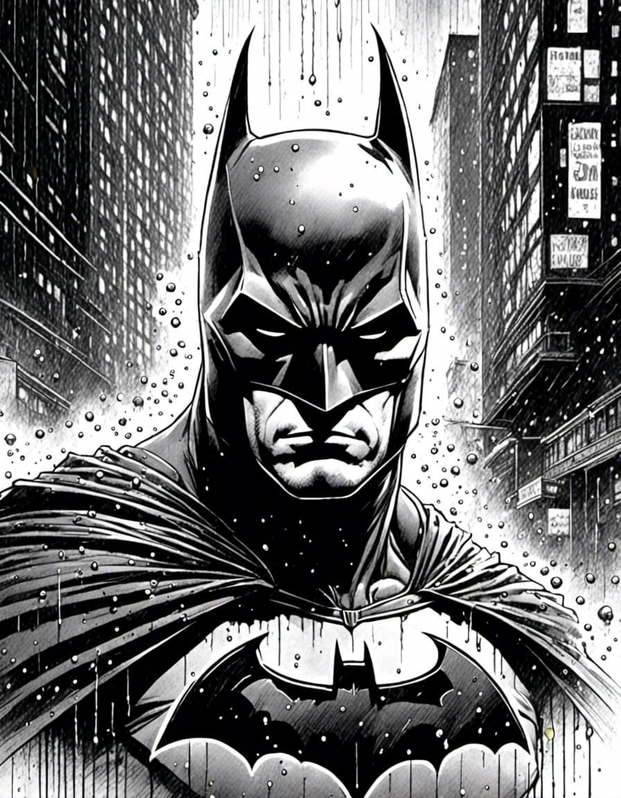 Batman in the rain, Gotham City scape portrait head shot black and white pencil
<lora:ani:1.0>