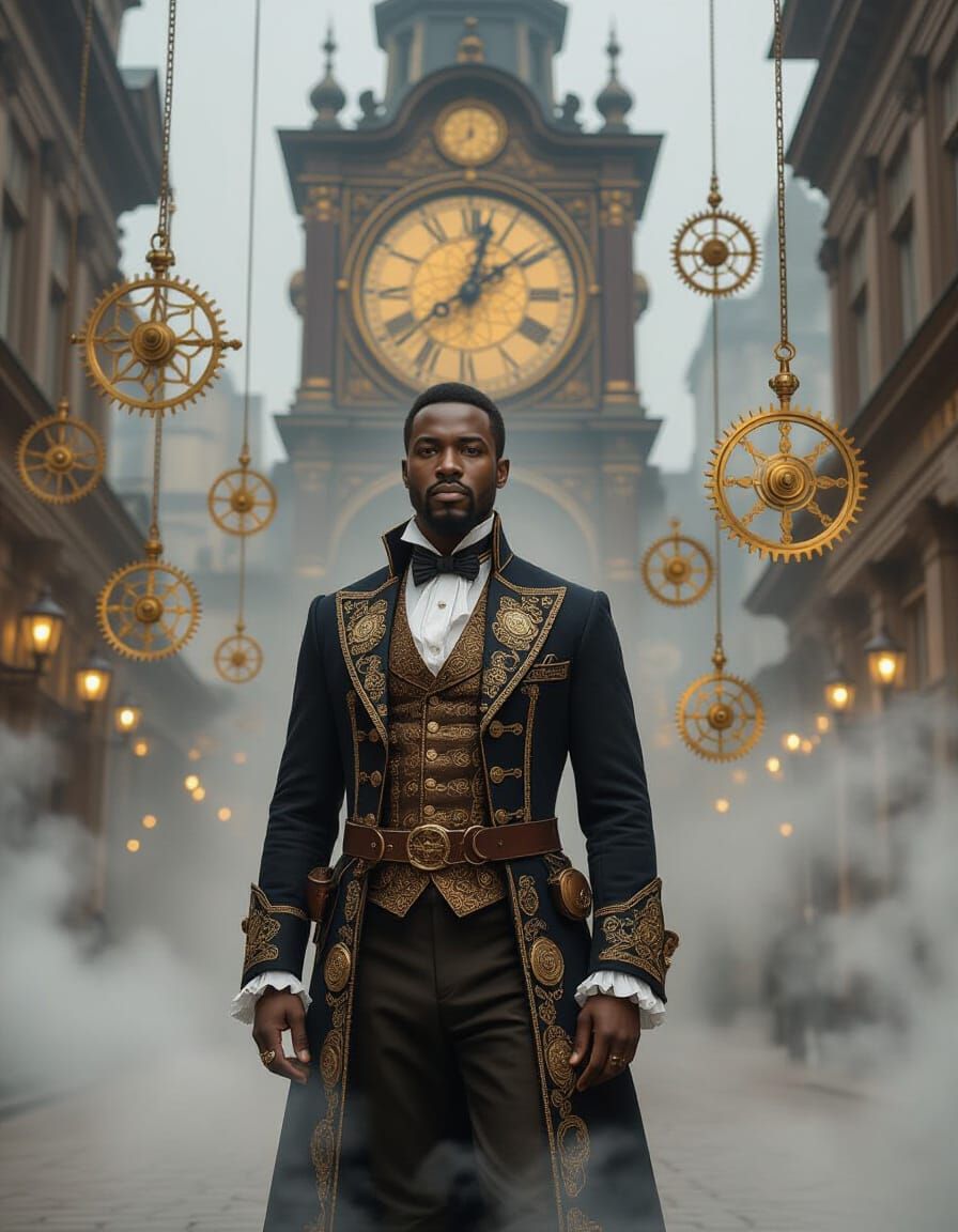 Steampunk Timekeeper in Victorian Attire Amidst Clockwork