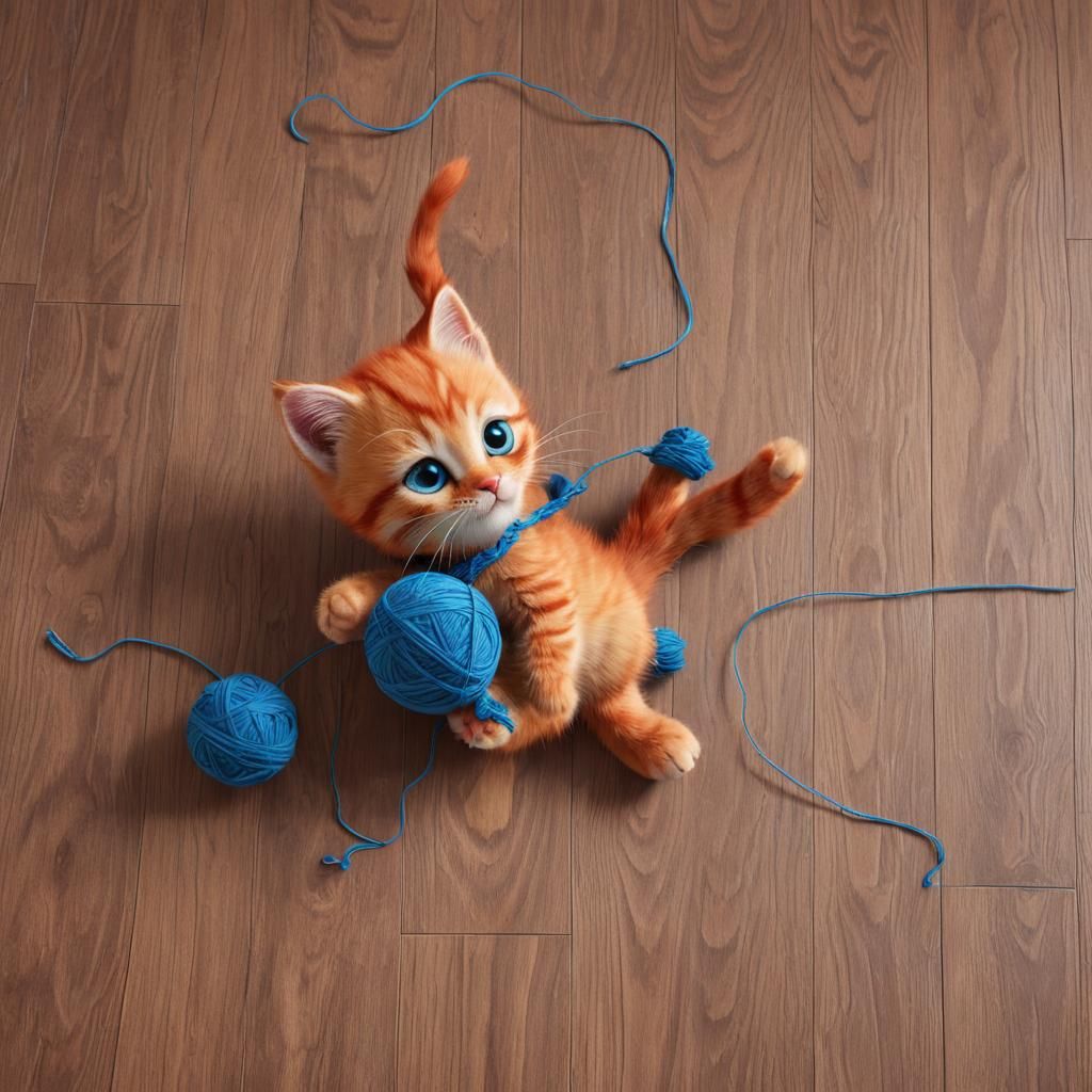 Red Kitten Plays with Blue Yarn: 3D Digital Art