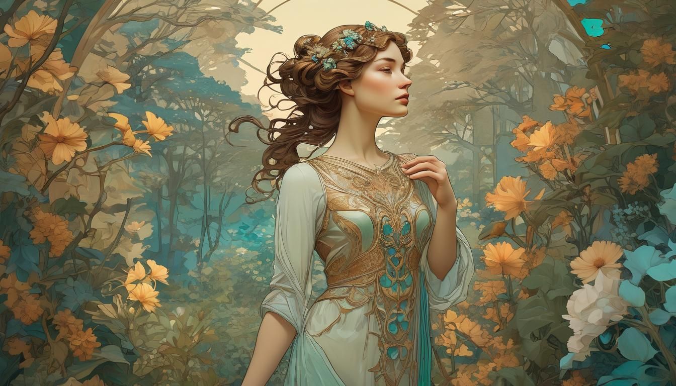 Art Nouveau Woman in Wilderness Portrait