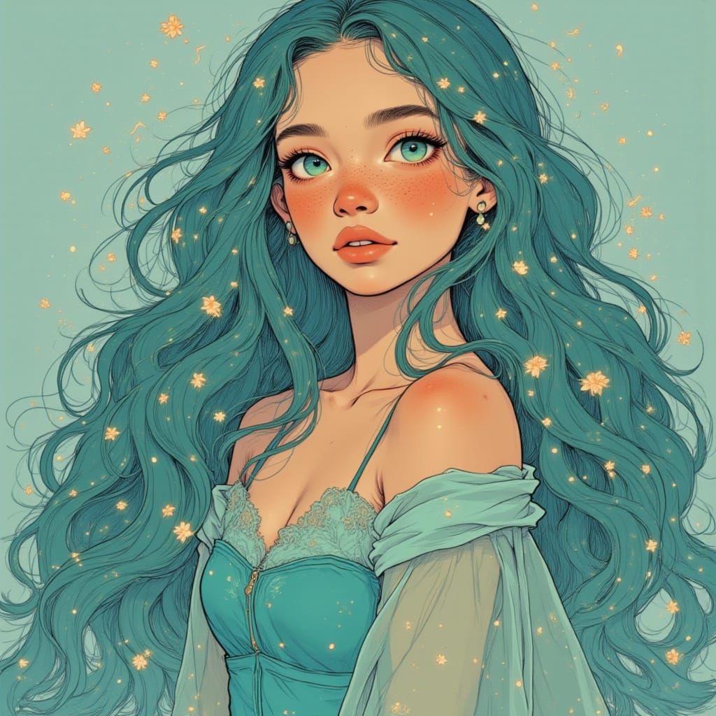 Woman with Teal, Aqua, Silver Hair in Ethereal Collage Style