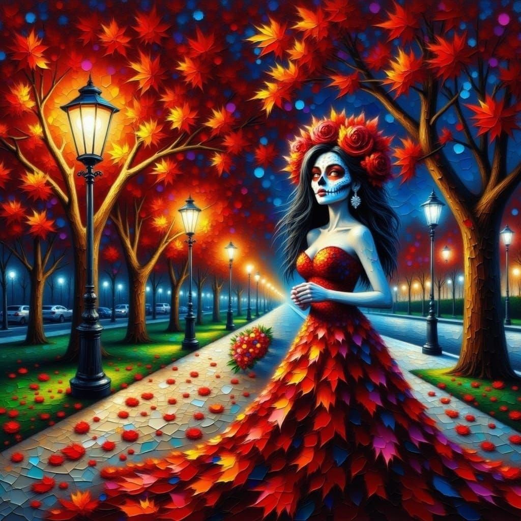 Vibrant Hispanic Day of the Dead Bride in Impasto Night Scen...