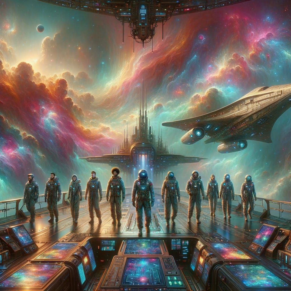 Explorers Aboard Starship in Bioluminescent Nebula