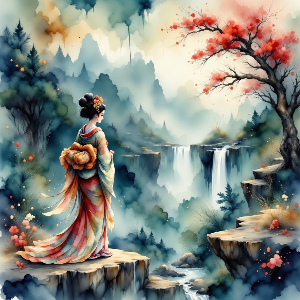 Geisha Overlooking Waterfall in Watercolor Ink Style