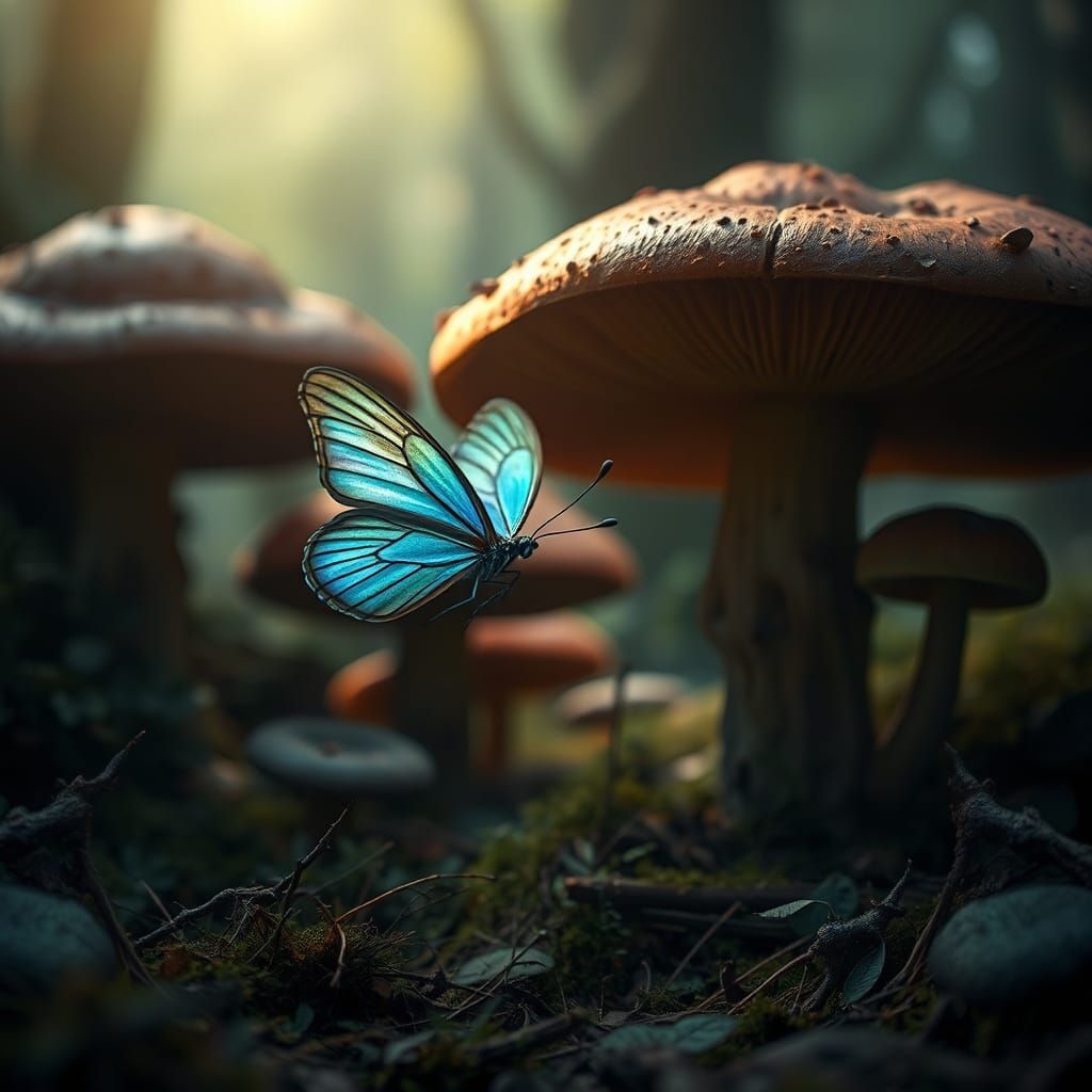 Iridescent Butterfly in Mystical Forest, Hyper-Realistic Sty...
